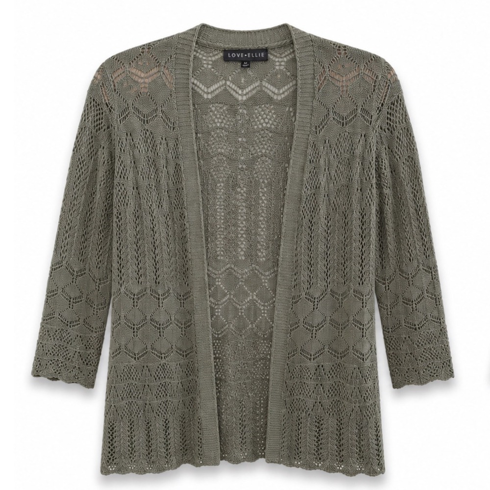 Love Ellie Olive Green Pointelle Crochet Open Front Cardigan Boho Knit Medium